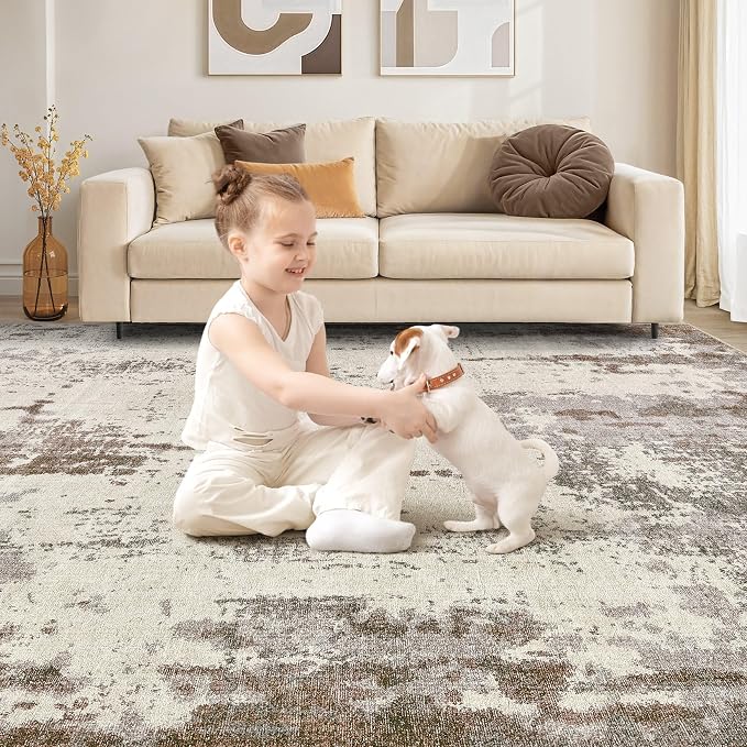 UERMEI 8x10 Area Rug Living Room Rugs - Washable Neutral Modern Abstract Soft Thin Large Rug Indoor Floor Non Slip Rug Carpet for Bedroom Under Dining Table Home Office Decor - Brown/Grey/Beige