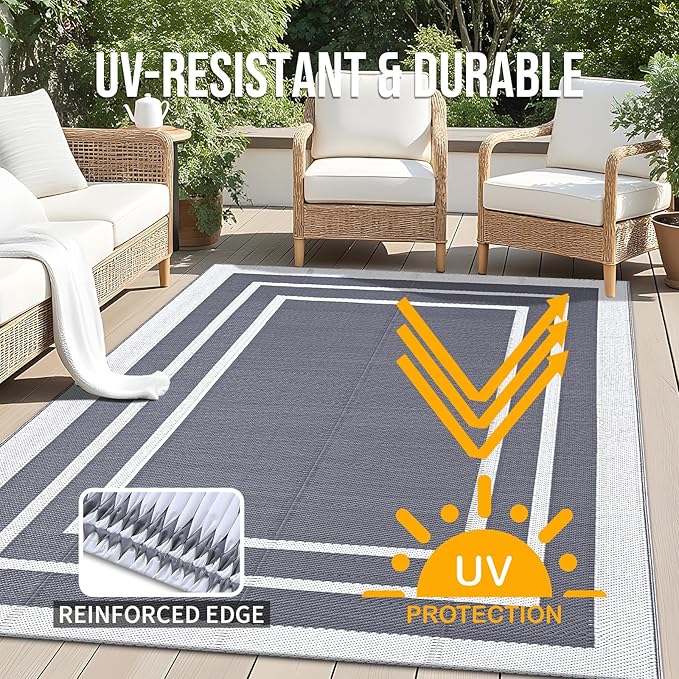 OLANLY Outdoor Rug 4x6 ft Waterproof, Reversible Outdoor Plastic Straw Rug, RV Mat, Indoor Outdoor Carpet Clearance for Patio, Camping, Balcony, Deck, Backyard, Grey & White