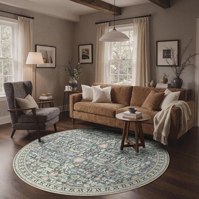 Round Rug 5ft-Machine Washable Area Rugs Non-Slip for Bedroom, 5x5 Vintage Floral Rug Distressed Throw Carpet for Living Room Nursery Kitchen Bathroom, Green/Blue