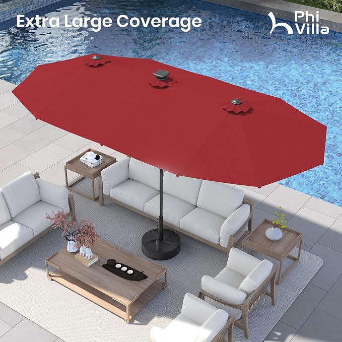 PHI VILLA 13ft Patio Umbrella with Solar-Powered 120 PCS LED Color-Changing Lights, Triple-Head Large Rectangle Umbrella Outdoor Patio for Table with Crank Lift,Dark Red(No Base)