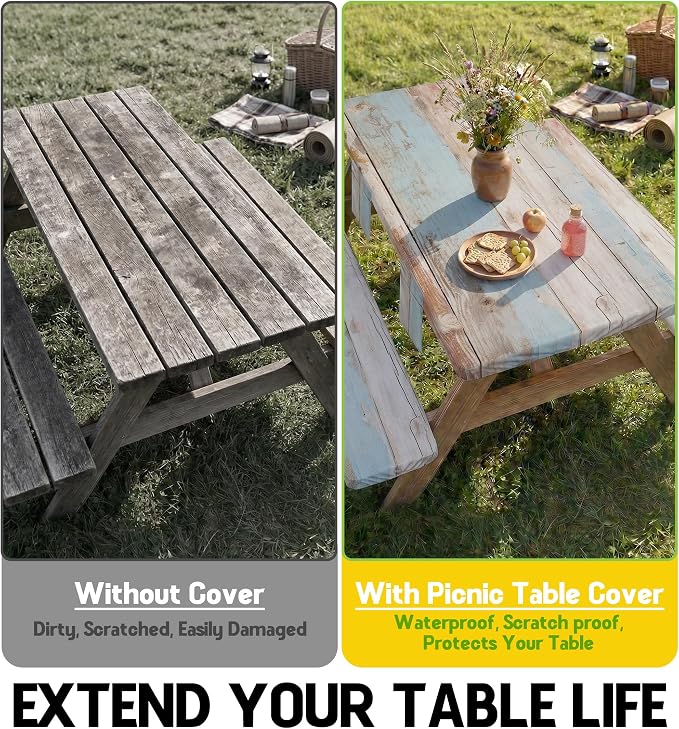 Picnic Table Cover with Bench Covers Waterproof Elastic Tablecloth Camping Essentials Gear Table Cloth Outdoor Glamping Cool Camping Gifts for Camper RV Owner Camping Lovers Family Couple Women Men