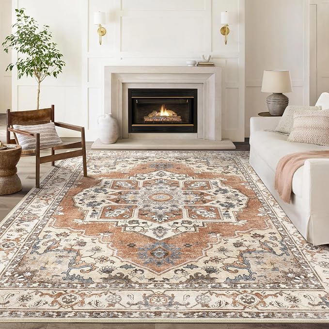 6x9 Washable Area Rug: Vintage Neutral Soft Non Slip Thin Large Floor Carpet for Living Room Bedroom Kitchen Dining Room Home Office Farmhouse Indoor - Brick Red