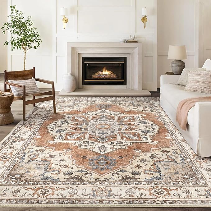 10x14 Washable Area Rug: Vintage Neutral Soft Non Slip Thin Large Floor Carpet for Living Room Bedroom Kitchen Dining Room Home Office Farmhouse Indoor - Brick Red