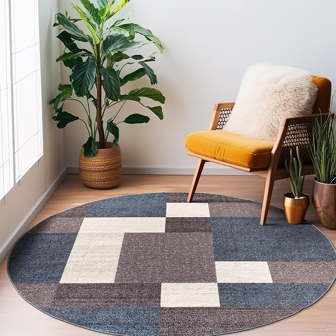 Rugshop Modern Boxes Non-Slip Living Room Kitchen Round Rug Blue 8' | Round, Size 8', Bedroom, Dining Room, Home Office, Entryway, Hallway, Nursery, Kids Room, Guest Room, High Traffic Area