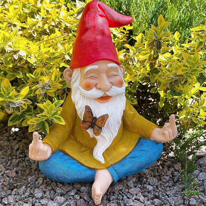 Mood Lab Zen Garden Gnome - Relaxed Yoga Gnome with Middle Finger - 9.25 Inch Tall Outdoor or Indoor Decor