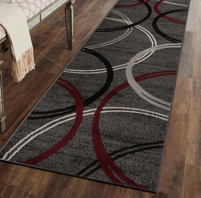 Rugshop Wavy Circles Modern Non-Shedding Runner Rug Red 2' x 7'2" | Runner, Size 2' x 7'2", Living Room, Bedroom, Dining Room, Home Office, Kitchen, Entryway, Hallway, Nursery, Kids Room
