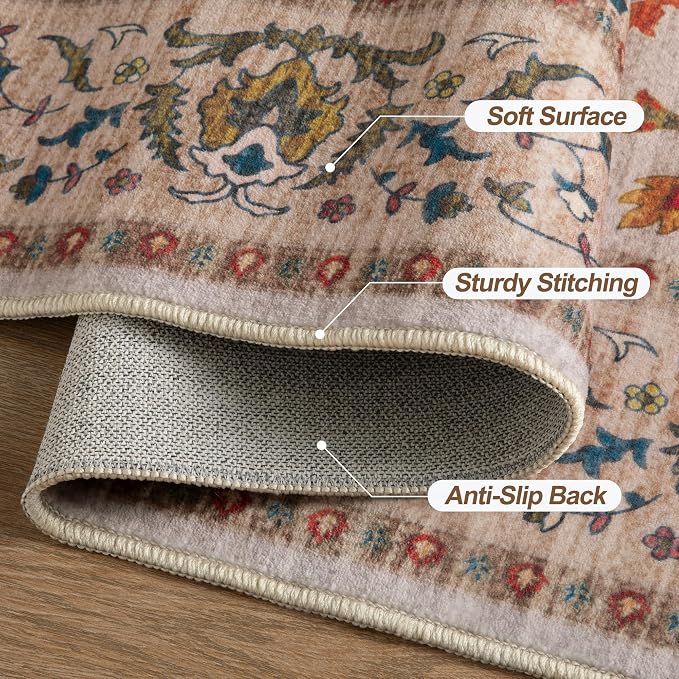 Tangsoo 2.6x10 Hallway Runner Rugs, Washable Non Slip Vintage Rug Runners | Oriental Soft Low Pile Long Rug, Boho Farmhouse Print Indoor Carpet Runners for Hallway Living Room Kitchen Bedroom Beige/Red