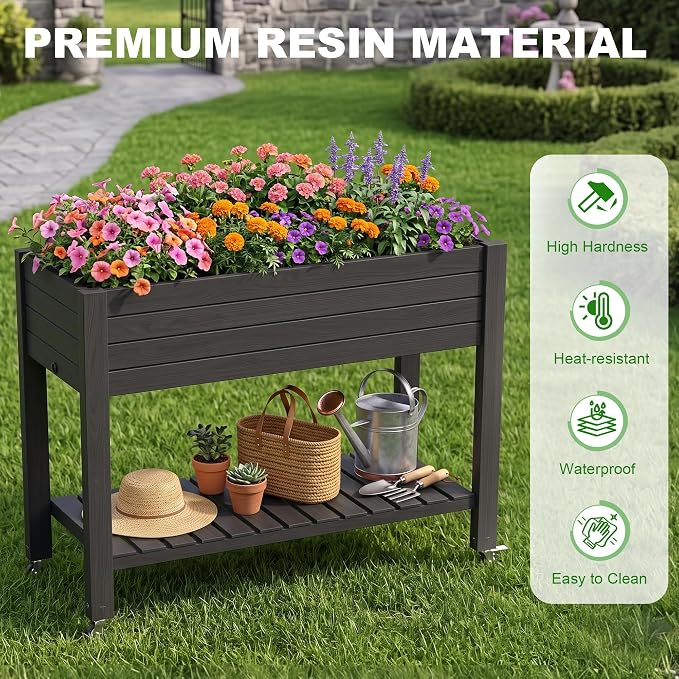 Elevated Resin Raised Garden Bed, 33.7in Height Raised Planter Box with Drainage Holes, Lockable Rotating Wheels & Bottom Storage Shelf, Stake Support, Easy Assembly for Patio Lawn Backyard Balcony