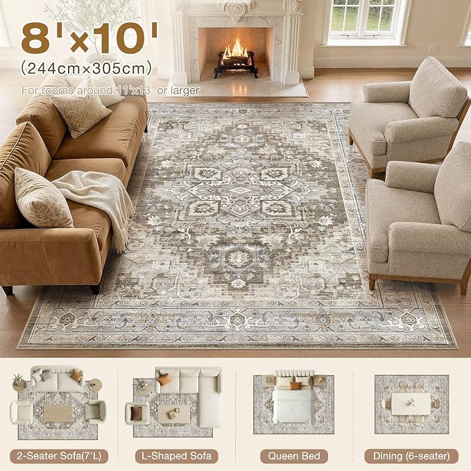 DTICON Vintage Washable 8x10 Area Rug Living Room Rugs, Brown Gray | Boho Distressed, Pet & Kid Friendly, Non-Slip Backing, Soft Polyester, Low-pile Carpet for Living Room, Bedroom, Dining Room