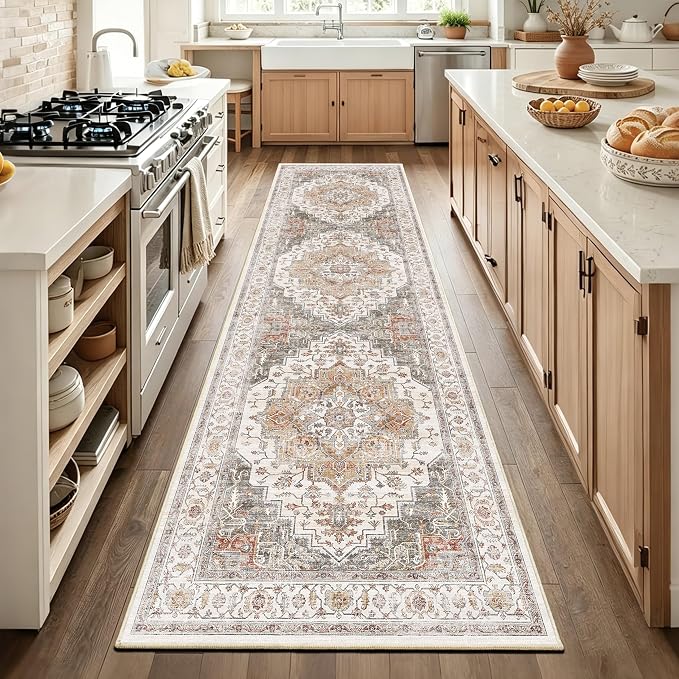 3x10 Vintage Runner Rug Low Pile Non-Slip Washable Kitchen Rug | Retro Distressed Print Rug Orange Gray Carpet Stain Resistant Non-Shedding Long Rug for Hallway Kitchen Bedroom Laundry Room