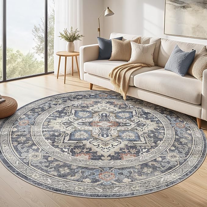 Round Washable Area Rug 8ft, Boho Vintage Distressed Oriental Medallion, Neutral Blue, Thin Carpet for Living Room Bedroom Home Office Decor -Blue