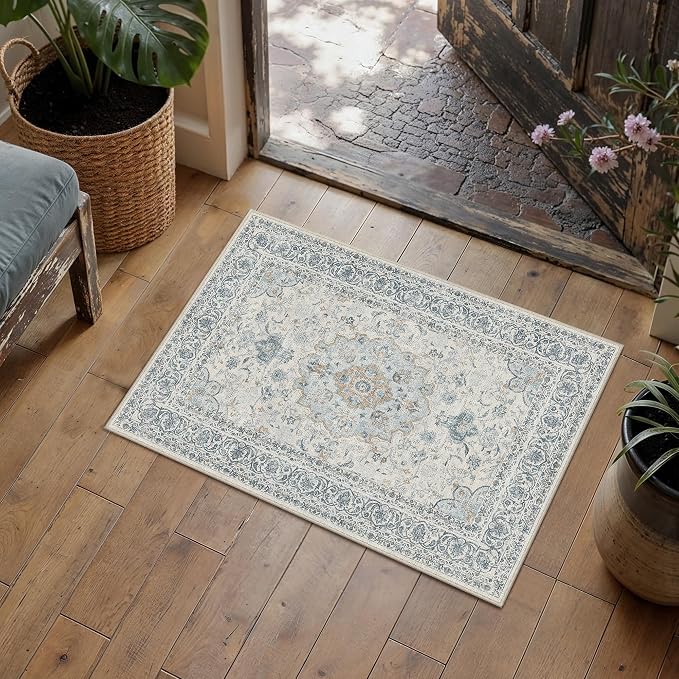 2x3 Washable Area Rug Navy Blue Non Slip Vintage Carpet | Low Pile, Stain Resistant, Living Room, Kitchen, Bedroom, Entryway, Nursery, Laundry Room, Hallway, Soft, Thin, Lightweight