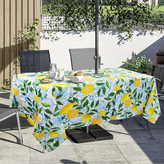 Outdoor Tablecloth with Umbrella Hole and Zipper, Rectangle Patio Table Covers for Spring/Summer, Machine Washable Outdoor Picnic Table Cloth (Lemon, 60" × 84" Rectangular)