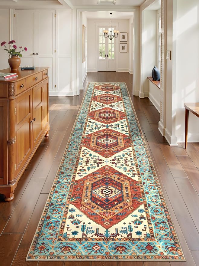 SERISSA 2'6"x14' Washable Non Slip Boho Runner Rug for Hallway，Orange | Ultra Soft Vintage Oriental Carpet Low-Pile Tribal Floor Carpet for Kitchen Bedroom Entryway Bathroom Laundry Room