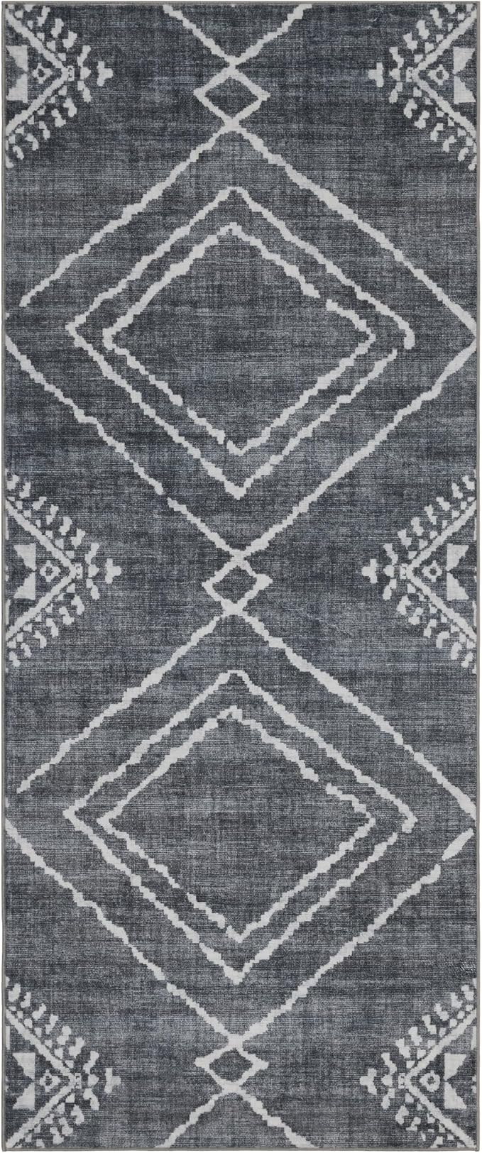 Machine Washable Area Rug Runner - Living Room Bedroom Bathroom Kitchen Entryway Office - Padded Low Pile Stain Resistant Premium - Moroccan Diamond Tribal - Jax - Gray 2'6" x 8'