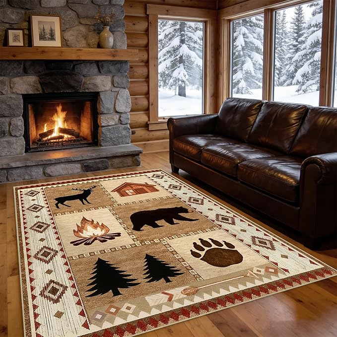 Area Rug 5x7 Rustic Cabin Bear Deer Rug Lodge Country Farmhouse Wildlife Rugs for Living Room Southwesten Machine Washable Non-Slip Printed Low-Pile Indoor Carpet for Bedroom Dining Room Office