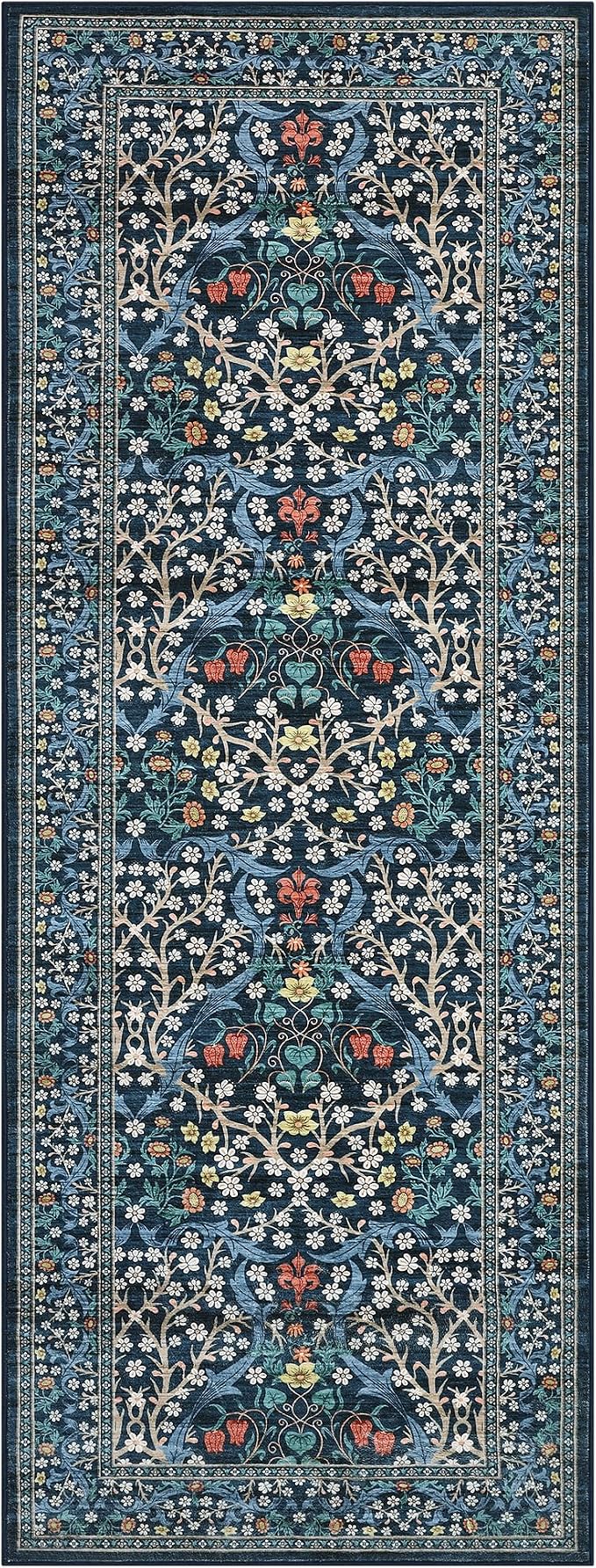 GarveeHome Blue Floral 2x6 Washable Kitchen Runner Rug | Vintage Stain Resistant Rugs for Entryway Hallway Bedroom Bathroom Low-Pile Non-Slip Soft Botanical Boho Rug TPE Backing