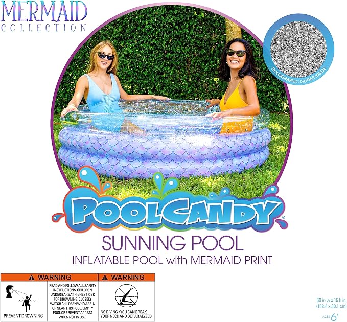 PoolCandy Mermaid Print Inflatable Toys Collection of Pool Floats, Beach Balls, Sunning Pools, Rafts & More. (Mermaid with Glitter Inflatable Sunning) | Mermaid Print Design - Part of PoolCandy's Mermaid Collection