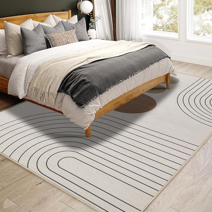 Boho Rug 4x6 Modern Geometric Minimalist Abstract Area Rug for Living Room Neutral Beige Mid Century Modern Contemporary Machine Washable Non-Slip Printed Low-Pile Carpet Dining Room Bedroom Office