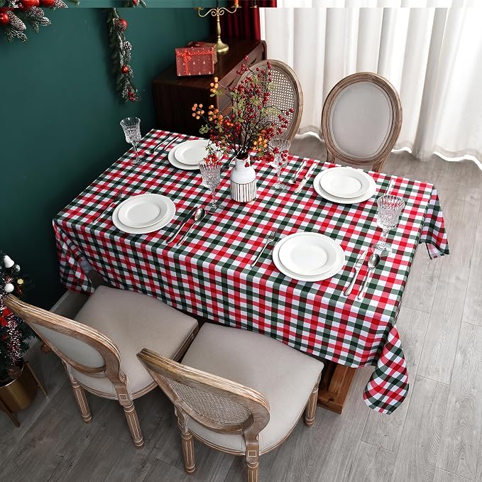 Red Waterproof Plaid Christmas Tablecloth Fabric - Square 58x58 Inch Classic Gingham Checker Holiday Table Cloth for Indoor Use - Xmas Table Cover for Picnics, BBQs, and Parties