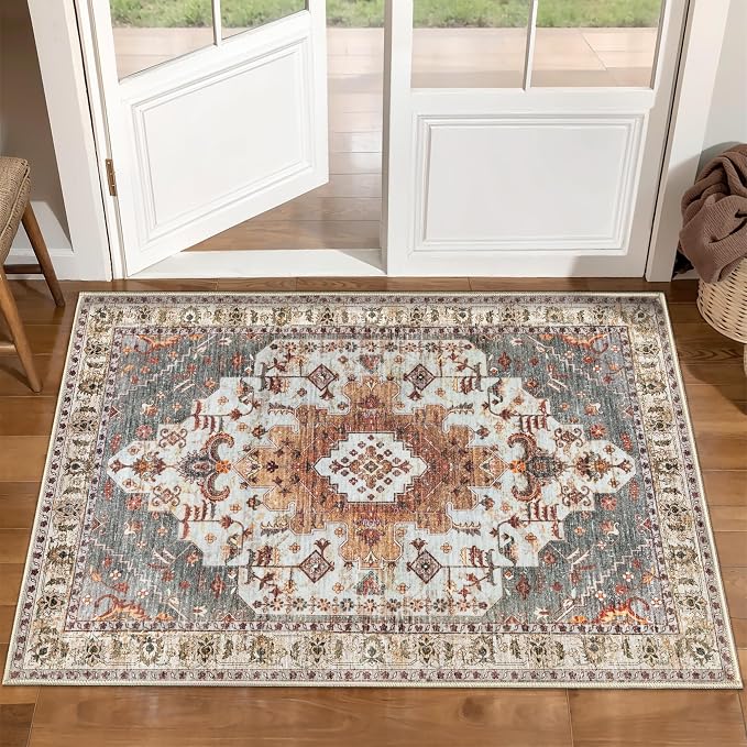 Tangsoo Oriental 2x3 Washable Rugs for Entryway, Non Slip Small Area Rug | Vintage Indoor Front Door Rug, Soft Low Pile Door Mat Small Carpet Throw Rugs for Entry Entrance Kitchen Bedroom Turmeric