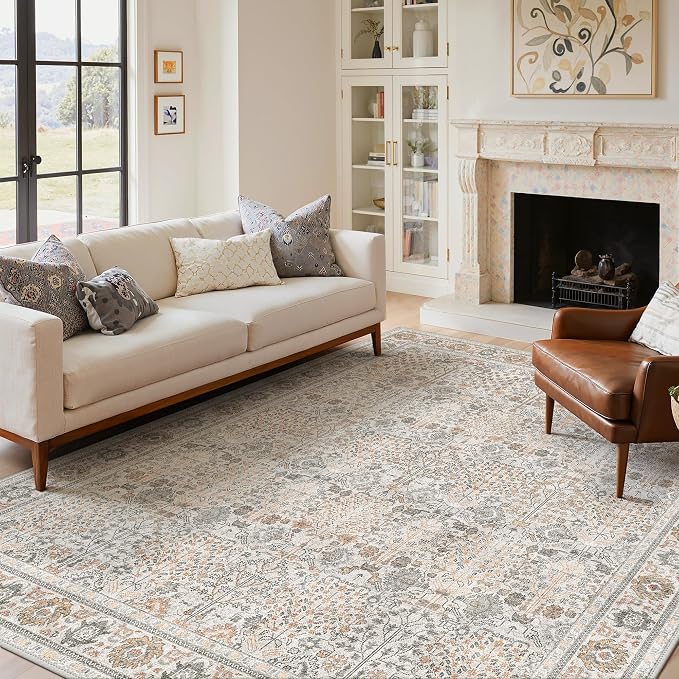 2x10 Kitchen Runner Rug, Washable Non Slip, Beige Grey | Vintage Floral Design, Spill Resistant Lightweight Low Pile Carpet for Hallway, Bedroom, Laundry Room, Bathroom