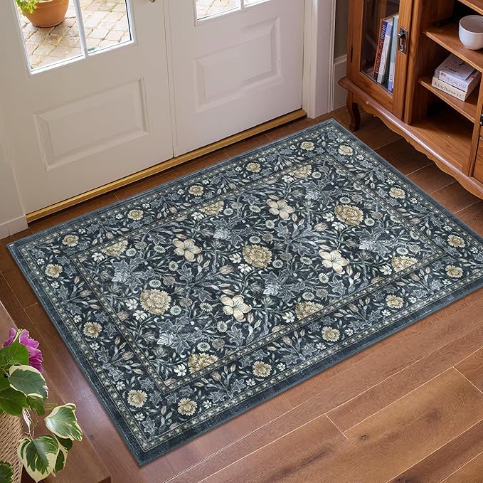GarveeHome Small Entryway Rug, 2x3 Washable Front Door Rug Indoor Entrance Floral Carpet Non-Slip Low Pile Throw Rugs for Kitchen Floor, Powder Room, Entry, Bathroom, Kids Room