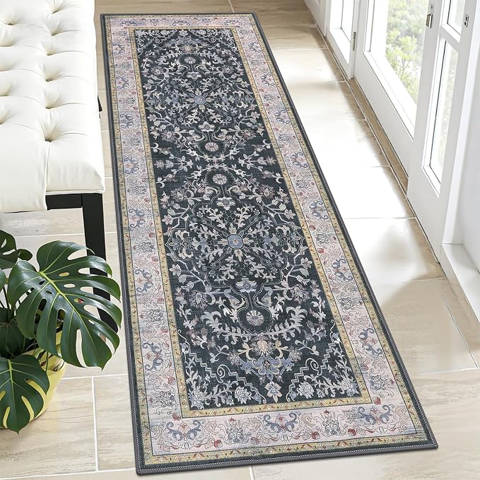 U'Artlines 2' x 6' Boho Hallway Runner Rug, Non Slip Runners, Dark Grey | Washable, Vintage Farmhouse Kitchen Rug, Accent Area Carpet, for Entryway Laundry and Living Room