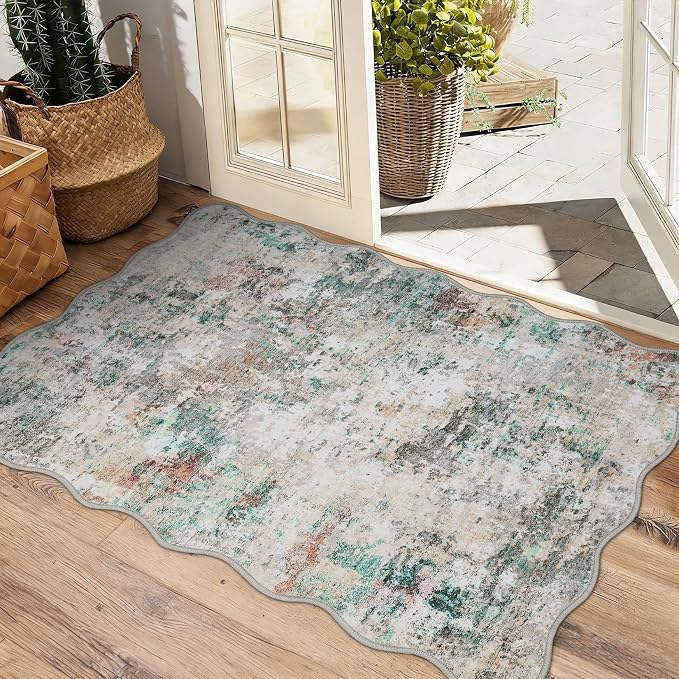 ROYHOME Modern Abstract 2x3 Scalloped Area Rug, Colorful | Non Slip Non Shedding Low Pile Stain Resistant Rug for Entryway Kitchen Bedroom