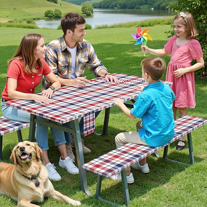 Picnic Table Cover with Bench Covers Elastic,Fitted Table cloths for Rectangle Tables 6 Foot Washable,Waterproof Tablecloth for Outdoor Camping Essentials (Red White Blue Buffalo Plaid, 6 Foot)
