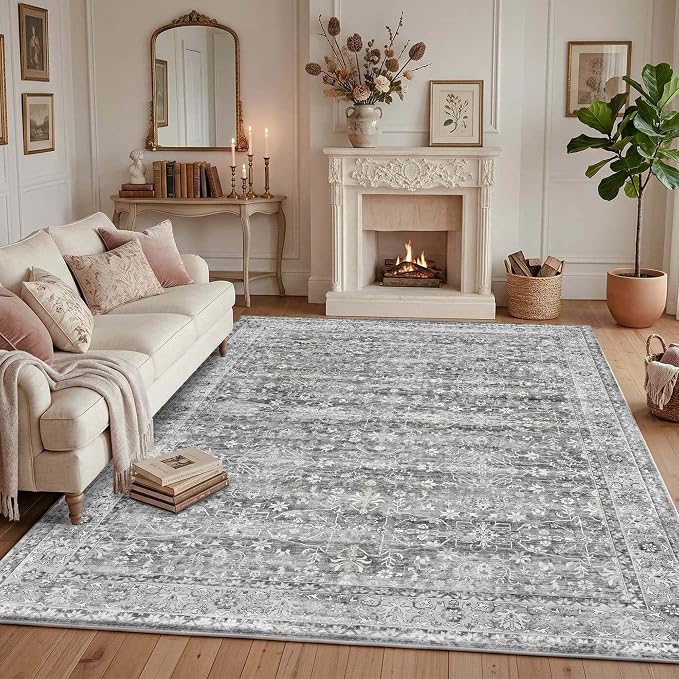 Latte&Fog 8x10 Area Rugs for Living Room Netural Washable Large Grey Rugs | for Bedroom Dining Kitchen Kids Playroom Nursery Classroom Dorm Farmhouse Office, Non Slip Low Pile Soft Floral Carpet Indoor