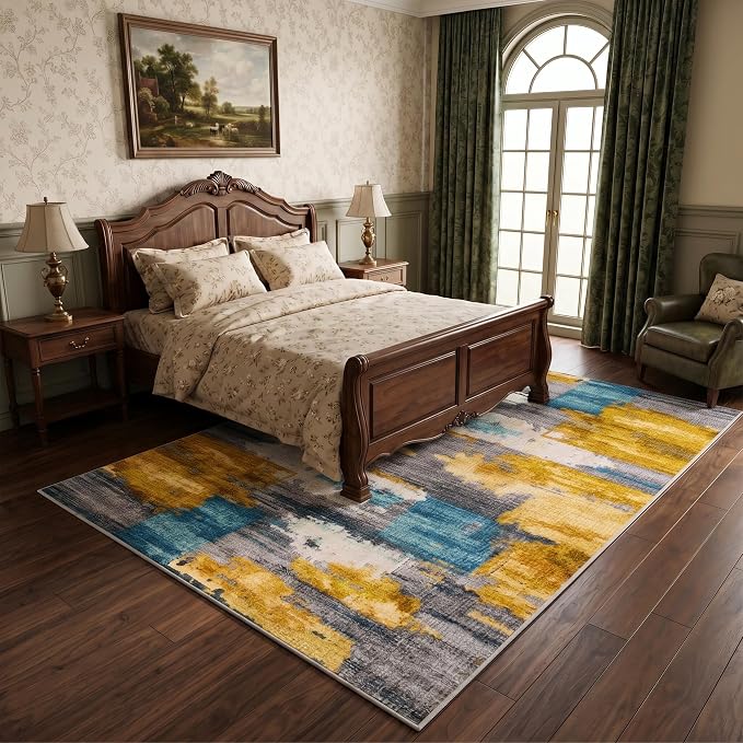 6x9 Blue and Gold Abstract Brushstroke Area Rug for Living Room | Soft Low-Pile Machine-Washable Rug with Non-Slip Backing for Bedrooms, Dining Rooms and Home Offices, Designed for Easy Care