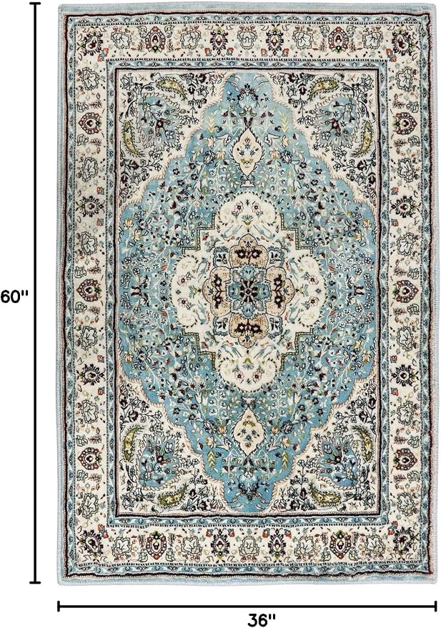 Lahome Felice Floral Medallion Area Rug - 3x5 Distressed Entry Throw Rug Turkish Indoor Accent Rug Non-Slip Washable Low-Pile Carpet for Entrance Living Room Bedroom Dining Table, Sky/Baby Blue