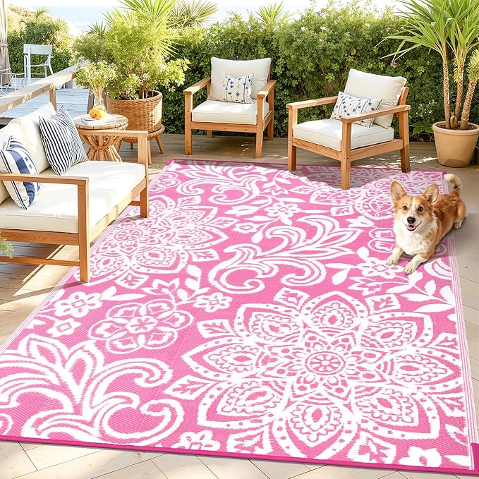 Findosom Waterproof Outdoor Rug 5' x 8' - Reversible Mandala Outdoor Plastic Straw Rug, Durable Foldable Patio Rug for RV, Deck, Balcony, Backyard, Picnic, Porch, Camping, Beach, Pink