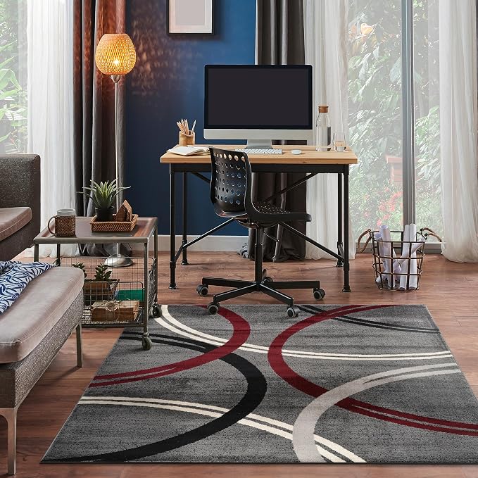 Rugshop Wavy Circles Modern Non-Shedding Square Rug Red 6'6" x 6'6" | Square, Size 6'6" x 6'6", Living Room, Bedroom, Dining Room, Home Office, Kitchen, Entryway, Hallway, Nursery, Kids Room