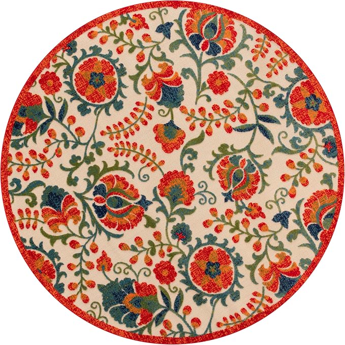 Nourison Home Aloha Red Multicolor 7'10" x Round Area Rug - Easy Clean, Non Shedding, Bed Room, Living Room, Dining Room, Kitchen (8' x Round)