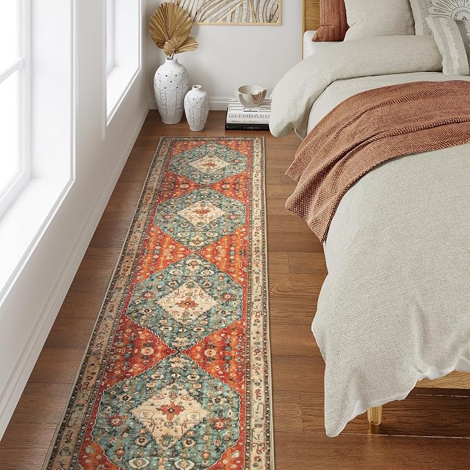 Lahome Felice Boho Tribal Runner Rugs with Rubber Backing, 2'6"x12' Long Hallway Runner Rug Washable Kitchen Rug Runner, Soft Non Slip Indoor Stair Carpet Runner for Bathroom Bedroom Hardwood Floors