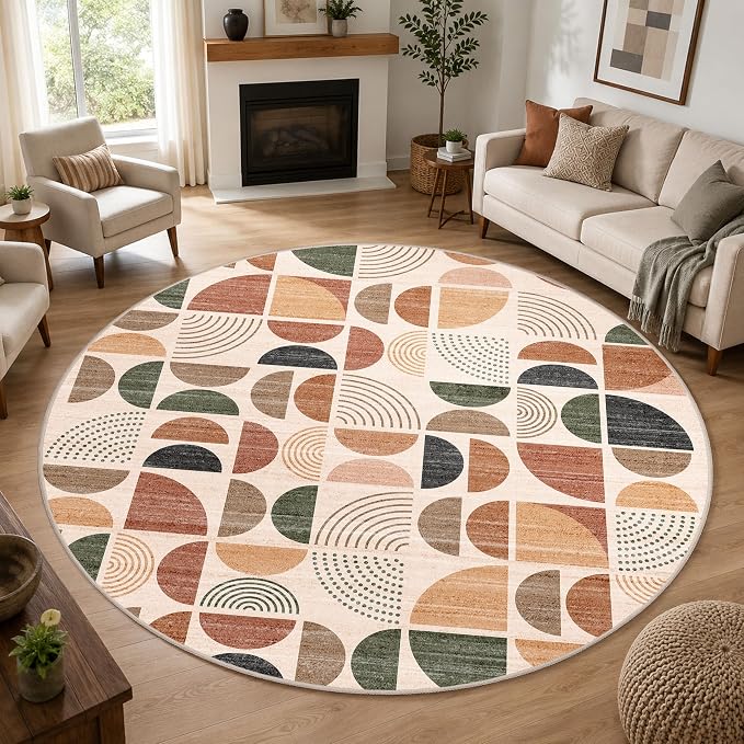 Round Rugs 9ft,Circle Area Rug Washable Non Slip Modern Abstract | Circular Rugs for Living Room Dining Room Large Boho Throw Carpet Soft Low Pile Floor Indoor Bohemian Terracotta