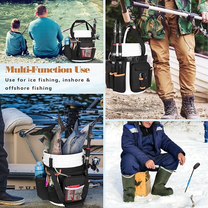 GOBUROS Fishing Bucket Organizer for 5 Gallon Bucket(Bucket not Included) | Fish Bucket Storage Caddy with Adjustable Buckle, Rod and Plier Holder and Multi-Pockets for Fishing Gear