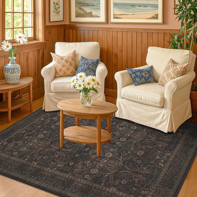 Washable 4x6 Brown Rugs for Entryway, Rustic Carpet for Living Room Office, Bedroom, Large Entryway, Funky Dark Academia Rug with Botanical Design