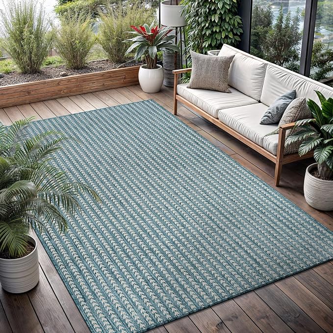Washable Outdoor Rug 9x12 Modern Area Rugs Outdoor Carpets Striped Pattern Non Shedding Waterproof Easy Clean Patio Deck Porch Living Room Bedroom Garden RV (9 X 12 Aqua)