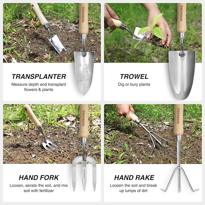 WORKPRO 8-Piece Pink Garden Tool Set, Stainless Steel Gardening Tools with Wood Handle, Including Garden Tote, Gloves, Trowel, Hand Weeder, Cultivator and More, Gardening Gifts for Women - Pink