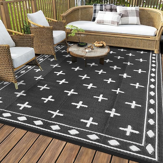 Waterproof Outdoor Rug 8x10, Modern Reversible Plastic Straw Patio Camping Rugs, Outdoor Indoor RV Mat Carpet for Patio, Outside Entry, Backyard, Deck, Bench, Picnic, Camper，Black/White