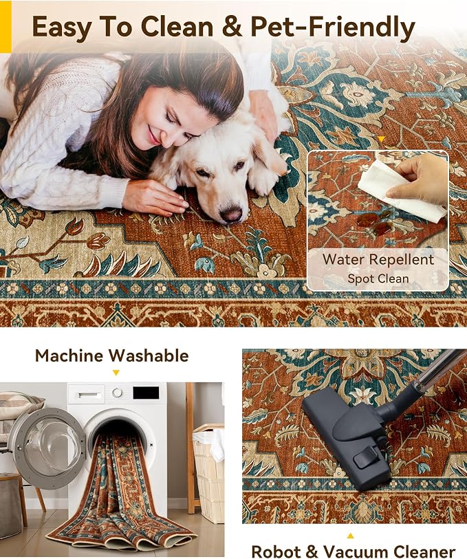 RELEANY Washable Area Rug, Large 9'x12', Red/Orange/Blue/Brown | Non-Slip, Water Repellent, Pet Friendly, Easy to Clean, Vintage Floral Boho Decor for Living Room Bedroom Dining Room
