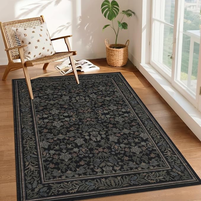 GarveeHome Washable 3x5 Entryway Rugs Non Slip Kitchen Area Rug, Black | Boho Vintage Soft Low Pile Stain Resistant Indoor Carpet for Living Room Bedroom Hallway Nursery Home Office