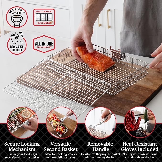AVIEUS GRILL Grill Baskets for Outdoor Grill | 2 Grilling Baskets with Detachable Handle | Barbecue Grill Set with BBQ Gloves | Portable Camping Net Rack Perfect for Vegetables, Seafood & Meat