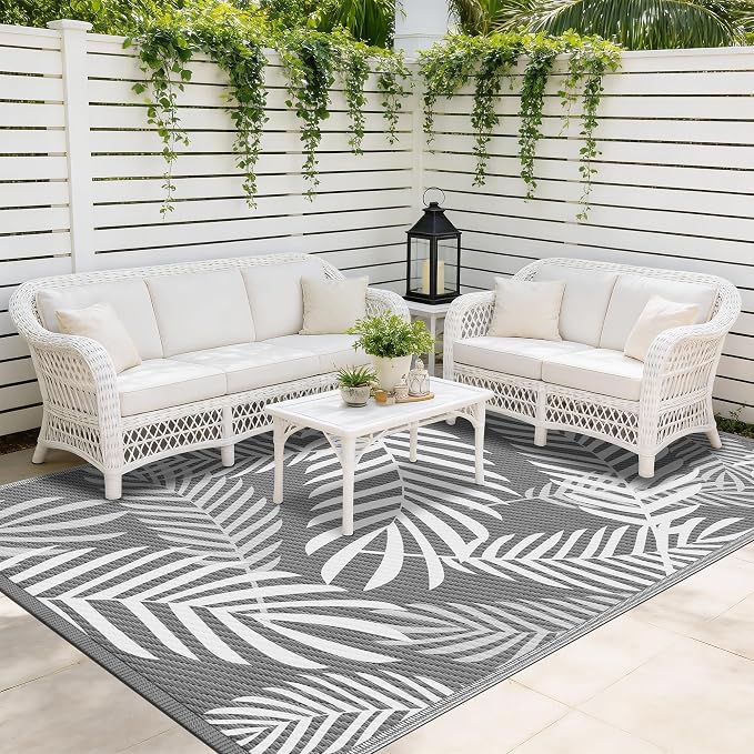 Kohree Outdoor Rug Waterproof 6x9, Reversible Outdoor Plastic Straw Rug with Leaf Pattern, Easy-Cleaning RV Mat Carpet for for Patio, Camping, Balcony, Deck, Backyard, Grey & White