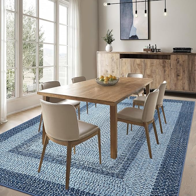 RUGSREAL Washable Bedroom Rug 4x6 Living Room Braided Print Floor Cover | Dining Room Throw Carpet with Rubber Backing Farmhouse Rustic Accent Rugs for Living Room Home Decor, Blue