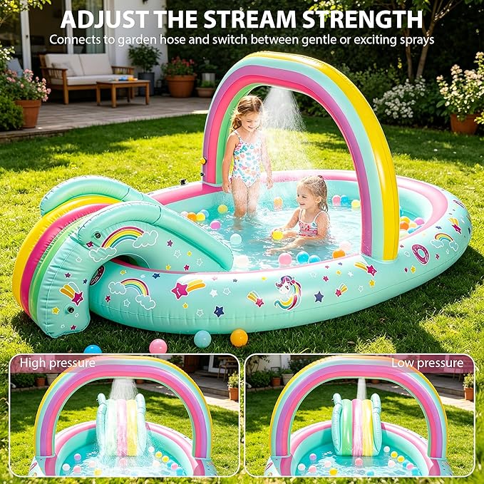 SULIFEEL Rainbow Unicorn Inflatable Play Center Kiddie Pool with Slide and Sprinkler for Children, 96''x59''x39'' Baby Pool for Backyard and Garden