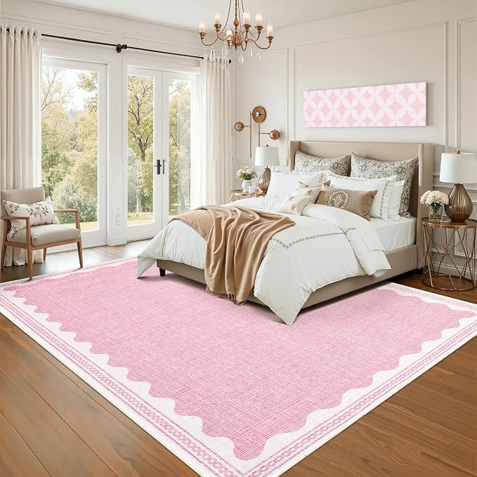 Garvee Scalloped Rug 5x7 Washable Living Room Rug Non Slip Modern Rugs Pink | Ultra Soft Non-Shedding Floor Cover Low Pile Stain-Resistant Bordered Print Throw Carpet for Bedroom Kids Room Dorm